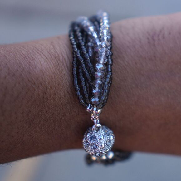 Teal Gray Multistrand Glass Beaded Magnetic Bracelet with Rhinestone Clasp - Picture 4 of 7